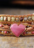 Boho Bracelet, 3 Layers Leather Wrap Bracelet, Jasper Rhodonite Heart